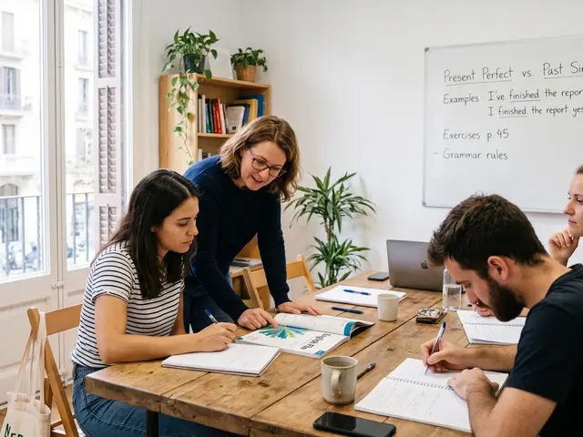 Professora de uma escola de idiomas ajudando uma aluna enquanto o resto do grupo trabalha na aula