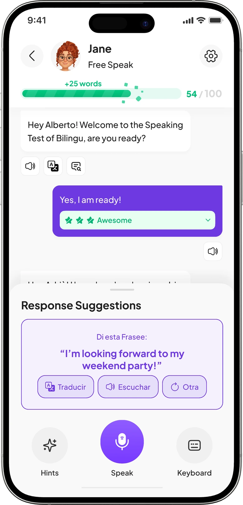 Pantalla de conversación con feedback en tiempo real
