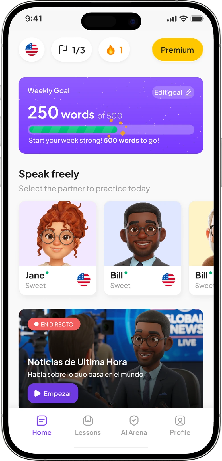Pantalla de selección de partner de Bilingu