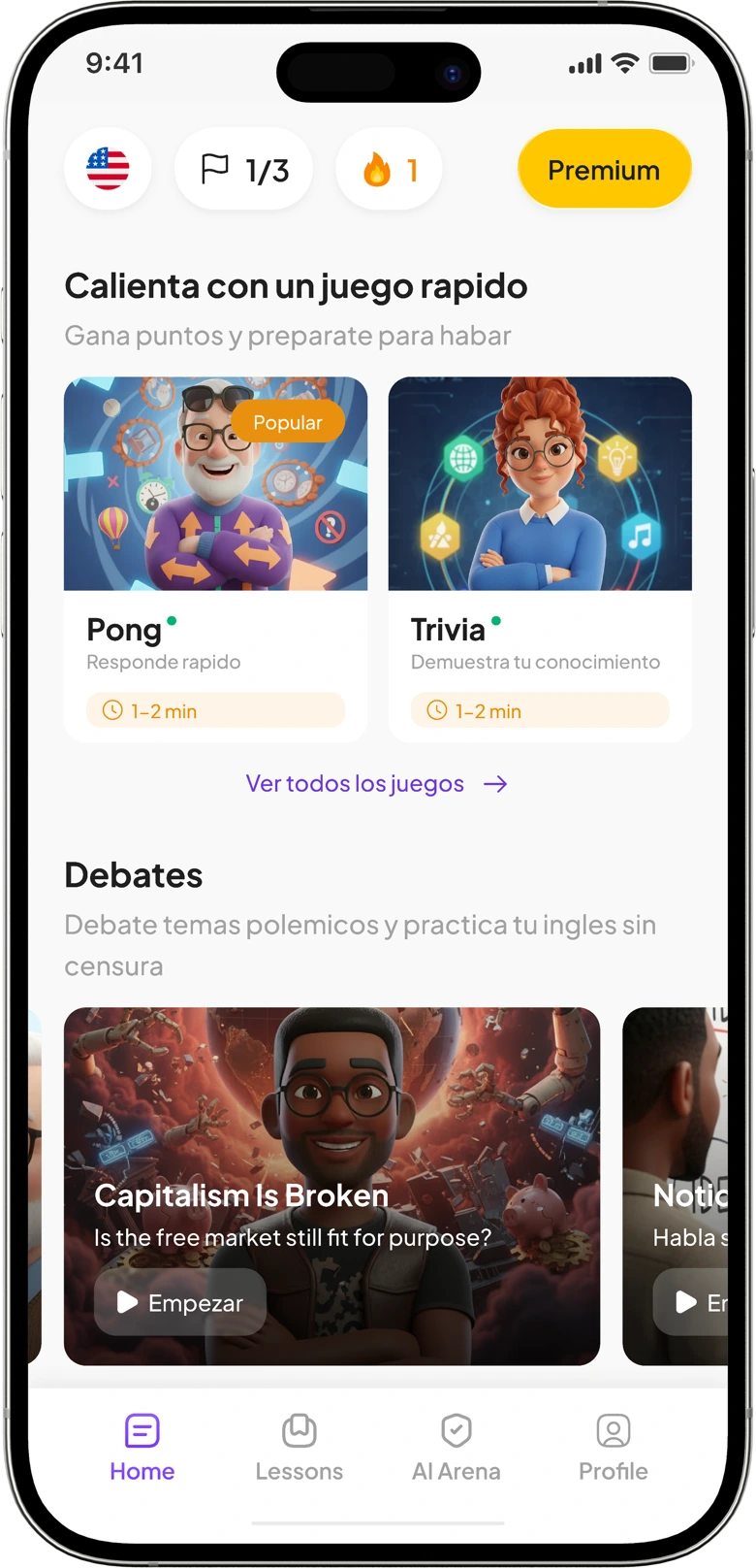 Pantalla de conversación con distintos temas